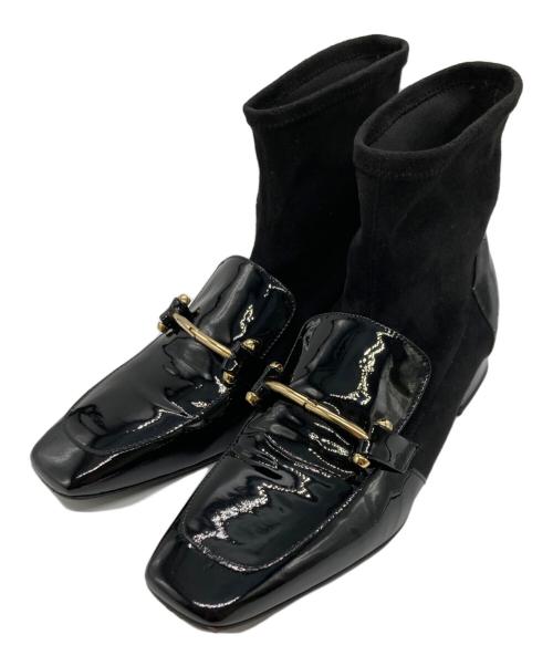 FABIO RUSCONI（ファビオルスコーニ）FABIO RUSCONI (ファビオルスコーニ) ビット付き スクエアトゥ ストレッチレザー ショートブーツ ブラック サイズ:39の古着・服飾アイテム