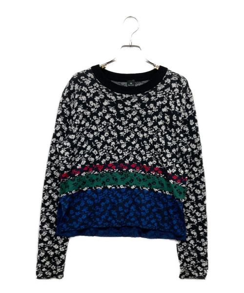 PS Paul Smith（ＰＳポールスミス）PS Paul Smith (ＰＳポールスミス) 総柄スリットニット ブラック×ブルー サイズ:Mの古着・服飾アイテム