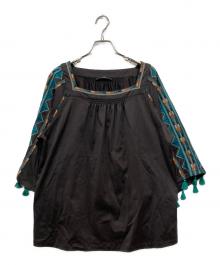 WEEKEND Max Mara（ウィークエンド マックスマーラ）の古着「スクエアネック刺繍フリンジカットソー」｜ブラウン