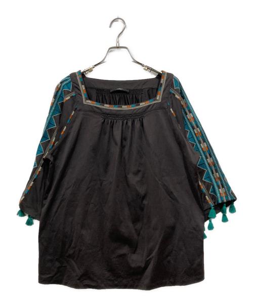 WEEKEND Max Mara（ウィークエンド マックスマーラ）Weekend Max Mara (ウィークエンド マックスマーラ) スクエアネック刺繍フリンジカットソー ブラウン サイズ:Lの古着・服飾アイテム