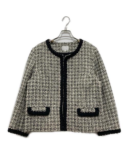 自由区（ジユウク）自由区 (ジユウク) ノーカラーツイードジャケット ベージュ×ブラック サイズ:48の古着・服飾アイテム