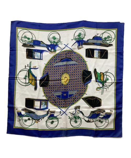 HERMES（エルメス）HERMES (エルメス) カレ90 シルクスカーフ / LES VOITURES A TRANSFORMATION ホワイト×ブルーの古着・服飾アイテム