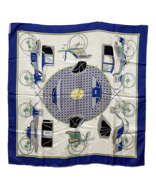 HERMES（エルメス）HERMES (エルメス) カレ90 シルクスカーフ / LES VOITURES A TRANSFORMATION ホワイト×ブルーの古着・服飾アイテム