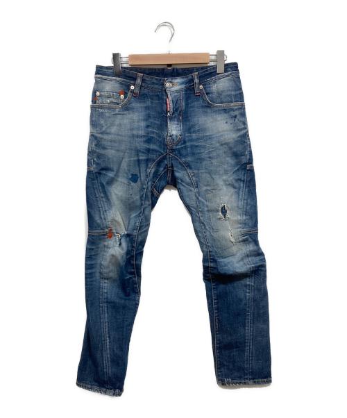 DSQUARED2（ディースクエアード）DSQUARED2 (ディースクエアード) ペイントクラッシュ立体裁断デニムパンツ ブルー サイズ:46の古着・服飾アイテム