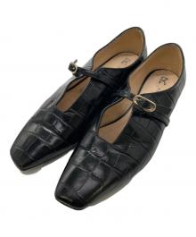 FABIO RUSCONI（ファビオルスコーニ）の古着「型押しスクエアトゥ ストラップフラットパンプス」｜ブラック