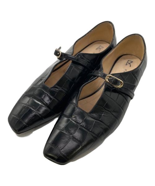 FABIO RUSCONI（ファビオルスコーニ）FABIO RUSCONI (ファビオルスコーニ) 型押しスクエアトゥ ストラップフラットパンプス ブラック サイズ:23.5cmの古着・服飾アイテム