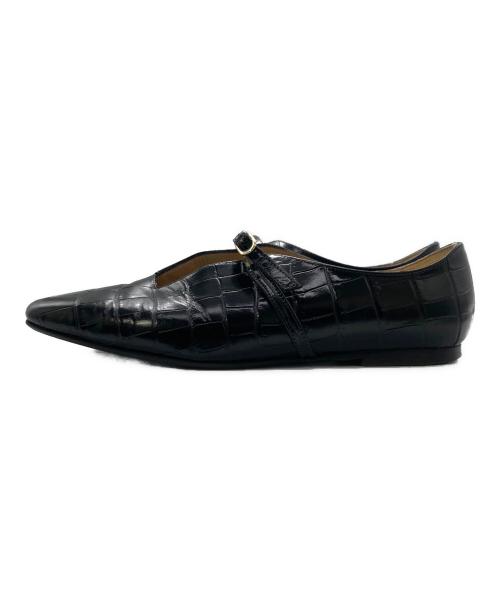 FABIO RUSCONI（ファビオルスコーニ）FABIO RUSCONI (ファビオルスコーニ) 型押しスクエアトゥ ストラップフラットパンプス ブラック サイズ:23.5cmの古着・服飾アイテム