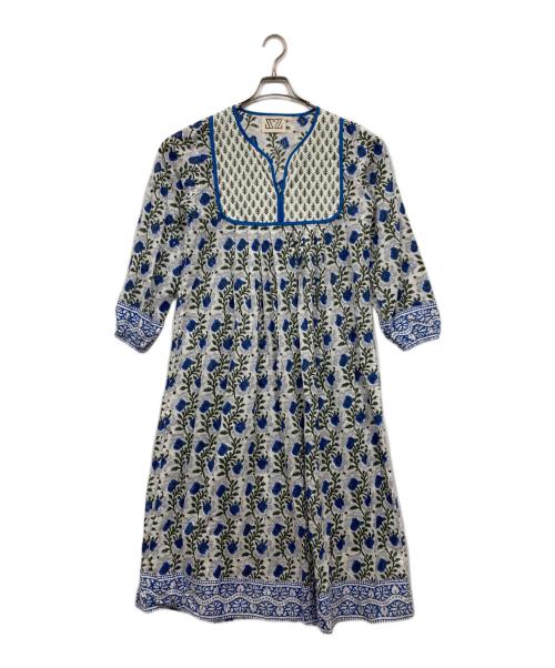 SZ Blockprints（エスゼットブロックプリント）SZ Blockprints (エスゼットブロックプリント) 総柄ワンピース / KITY DRESS ホワイト×ブルー サイズ:Ｓの古着・服飾アイテム