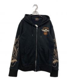 VANSON（バンソン）の古着「スカル刺繍ジップパーカー」｜ブラック