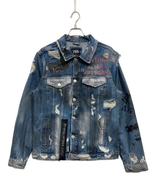 ZARA（ザラ）ZARA (ザラ) ペイントクラッシュ加工デニムジャケット ブルー サイズ:XLの古着・服飾アイテム