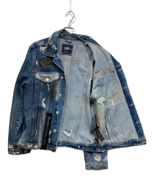 ZARA（ザラ）ZARA (ザラ) ペイントクラッシュ加工デニムジャケット ブルー サイズ:XLの古着・服飾アイテム