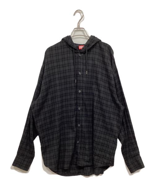 DIESEL（ディーゼル）DIESEL (ディーゼル) S-DEWNY-HOODフーデッドチェックシャツ ブラック サイズ:44の古着・服飾アイテム