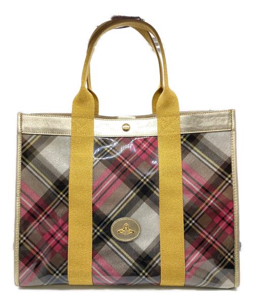 Vivienne Westwood（ヴィヴィアンウエストウッド）Vivienne Westwood (ヴィヴィアンウエストウッド) タータンチェックエナメルトートバッグ ベージュ×イエローの古着・服飾アイテム