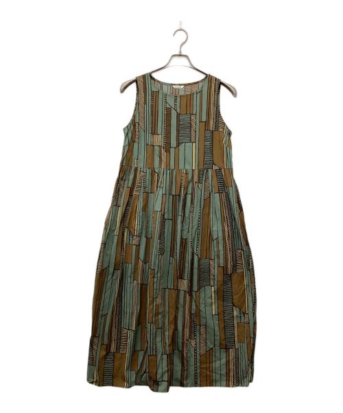 LE GLAZIK（ル グラジック）LE GLAZIK (ル グラジック) ルグラジック バティック 総柄 ノースリーブワンピース ブルー×ブラウン サイズ:36の古着・服飾アイテム