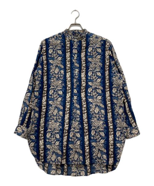 45R（フォーティファイブ・アール）45R (フォーティファイブ・アール) インドストライプフラワーブロックプリントの908スタンドグランパプルシャツ ブルー サイズ:2の古着・服飾アイテム