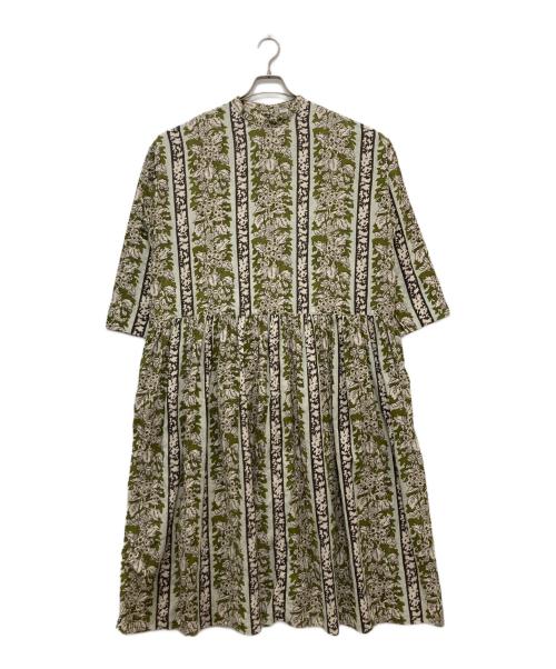 45R（フォーティファイブ・アール）45R (フォーティファイブ・アール) インドストライプフラワーブロックプリントのドレス グレー×オリーブ サイズ:　の古着・服飾アイテム