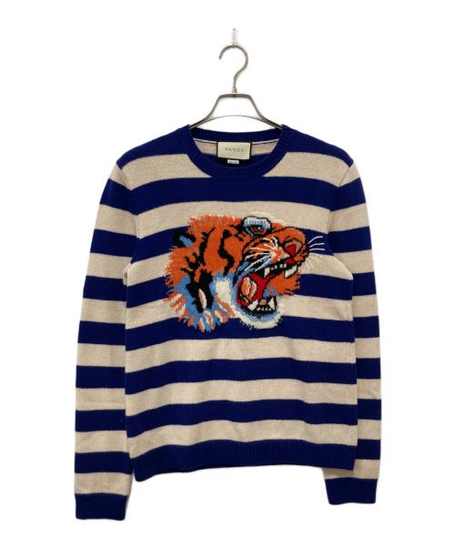 GUCCI（グッチ）GUCCI (グッチ) タイガーヘッドボーダーニット ベージュ×ネイビー サイズ:XSの古着・服飾アイテム
