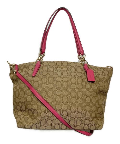 COACH（コーチ）COACH (コーチ) シグネチャー2WAYバッグ ベージュ×ピンクの古着・服飾アイテム
