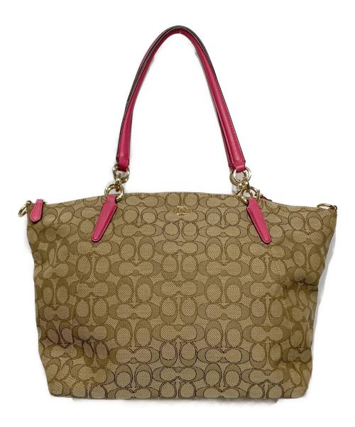 COACH（コーチ）COACH (コーチ) シグネチャー2WAYバッグ ベージュ×ピンクの古着・服飾アイテム