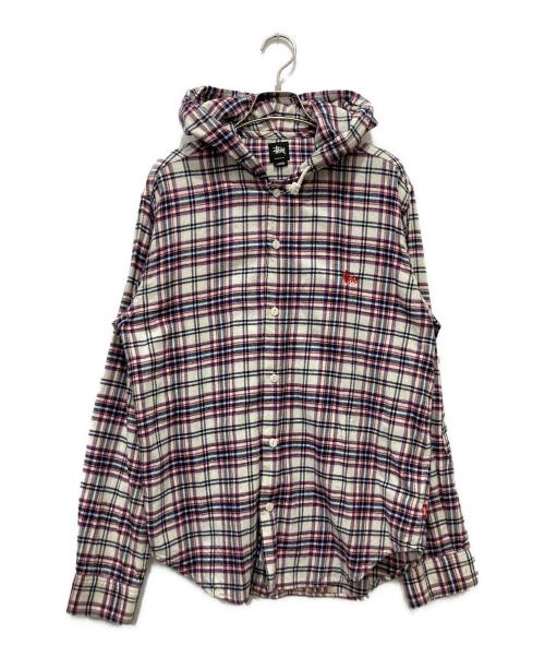 stussy（ステューシー）stussy (ステューシー) フーデッドチェックネルシャツ ホワイト×レッド サイズ:Lの古着・服飾アイテム