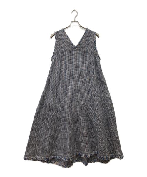 45R（フォーティファイブ・アール）45R (フォーティファイブ・アール) 綿麻ツイードのフリンジドレス ネイビー×ベージュ サイズ:2の古着・服飾アイテム