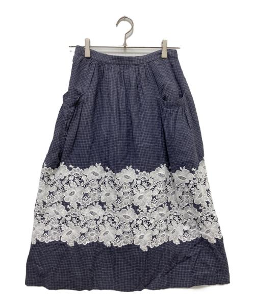 mina perhonen（ミナ ペルホネン）mina perhonen (ミナ ペルホネン) smile flower リネンチェック 刺繍 ロングスカート グレー サイズ:Sの古着・服飾アイテム