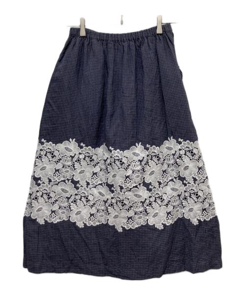 mina perhonen（ミナ ペルホネン）mina perhonen (ミナ ペルホネン) smile flower リネンチェック 刺繍 ロングスカート グレー サイズ:Sの古着・服飾アイテム