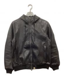 A BATHING APE（ア ベイシング エイプ）の古着「フーデッドカウレザージャケット/スノボジャケット」｜ブラック