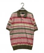 stussyステューシー）の古着「Knit Stripe Polo」｜ピンク×カーキ