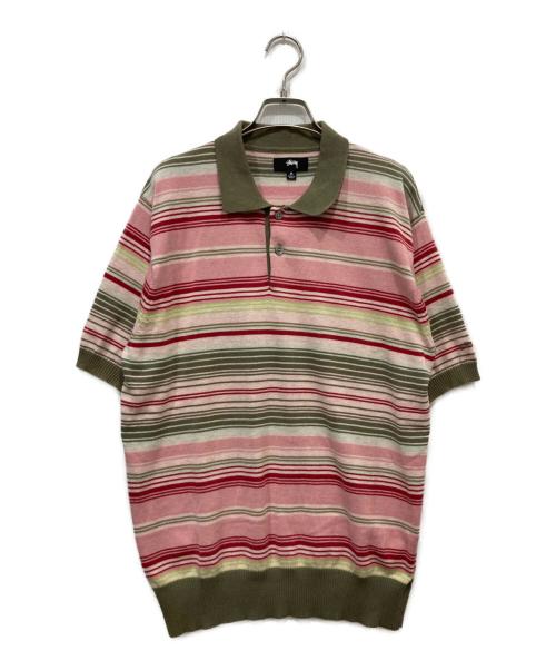 stussy（ステューシー）stussy (ステューシー) Knit Stripe Polo ピンク×カーキ サイズ:Mの古着・服飾アイテム