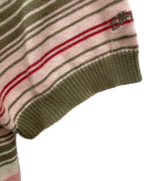 stussy（ステューシー）stussy (ステューシー) Knit Stripe Polo ピンク×カーキ サイズ:Mの古着・服飾アイテム