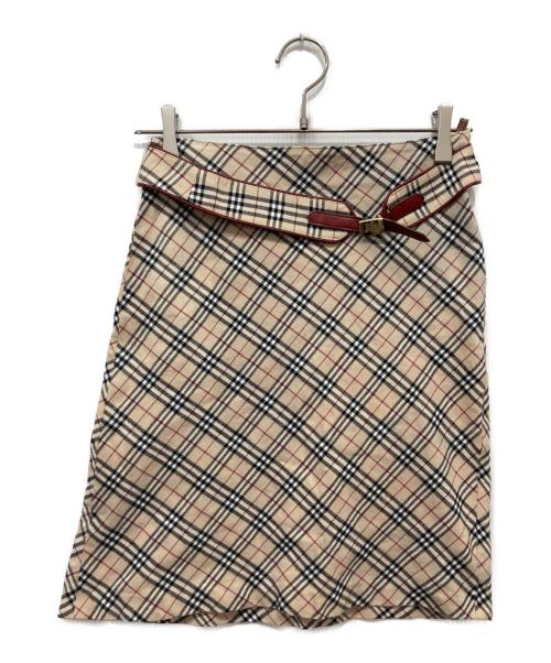 BURBERRY BLUE LABEL（バーバリー ブルー レーベル）BURBERRY BLUE LABEL (バーバリー ブルー レーベル) ベルト付きノバチェックスカート ベージュ×レッド サイズ:38の古着・服飾アイテム