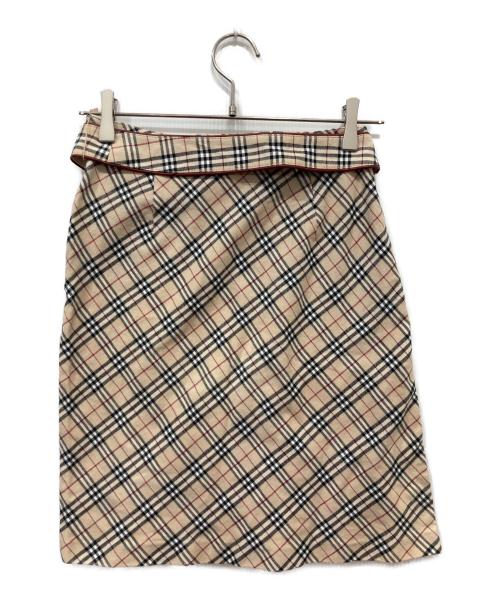 BURBERRY BLUE LABEL（バーバリー ブルー レーベル）BURBERRY BLUE LABEL (バーバリー ブルー レーベル) ベルト付きノバチェックスカート ベージュ×レッド サイズ:38の古着・服飾アイテム