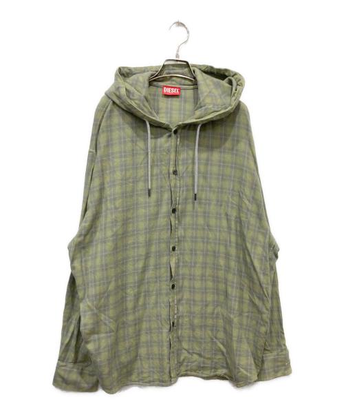 DIESEL（ディーゼル）DIESEL (ディーゼル) ドローストリング フーデッド チェック長袖シャツ グリーン サイズ:44の古着・服飾アイテム