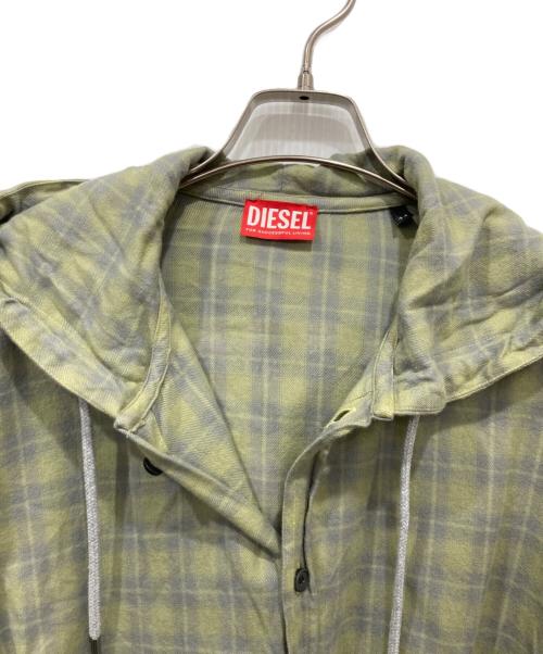 DIESEL（ディーゼル）DIESEL (ディーゼル) ドローストリング フーデッド チェック長袖シャツ グリーン サイズ:44の古着・服飾アイテム