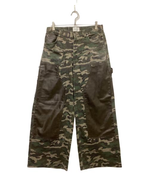 CAMPHOR WOOD（カンファーウッド）CAMPHOR WOOD (カンファーウッド) フェイクレザー切替カモフラージュパンツ カーキ×ブラウン サイズ:Lの古着・服飾アイテム