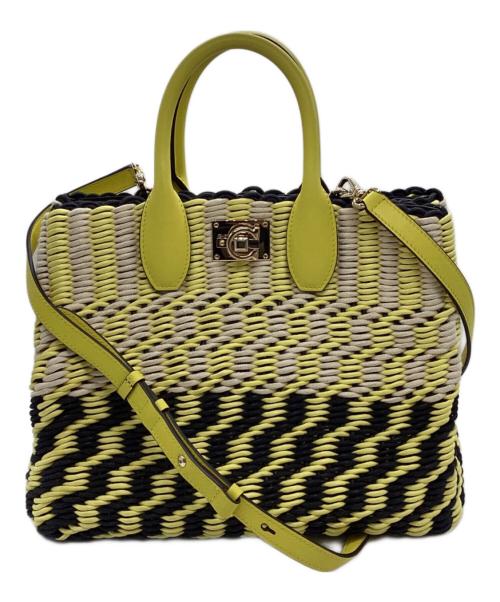 Salvatore Ferragamo（サルヴァトーレ フェラガモ）Salvatore Ferragamo (サルヴァトーレ フェラガモ) Studio Box Bag 2WAYカゴバッグ イエロー×ブラックの古着・服飾アイテム