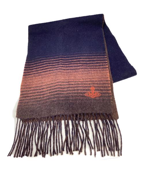 Vivienne Westwood（ヴィヴィアンウエストウッド）Vivienne Westwood (ヴィヴィアンウエストウッド) オーブ刺繍カシミヤマフラー ネイビー×ブラウンの古着・服飾アイテム