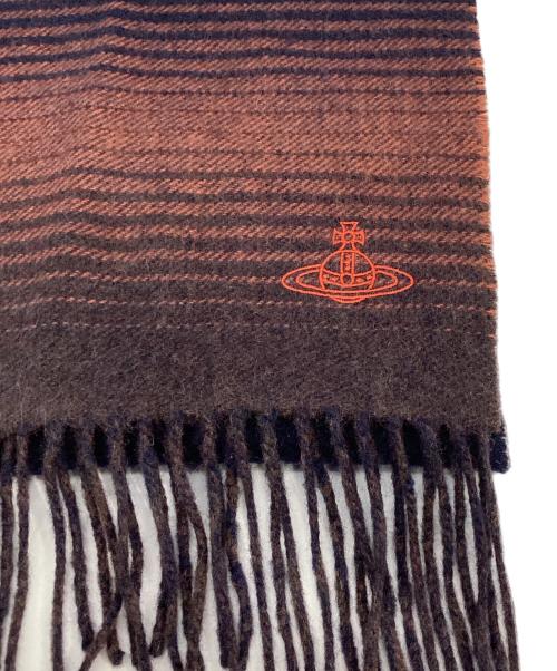 Vivienne Westwood（ヴィヴィアンウエストウッド）Vivienne Westwood (ヴィヴィアンウエストウッド) オーブ刺繍カシミヤマフラー ネイビー×ブラウンの古着・服飾アイテム