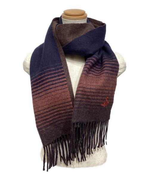 Vivienne Westwood（ヴィヴィアンウエストウッド）Vivienne Westwood (ヴィヴィアンウエストウッド) オーブ刺繍カシミヤマフラー ネイビー×ブラウンの古着・服飾アイテム