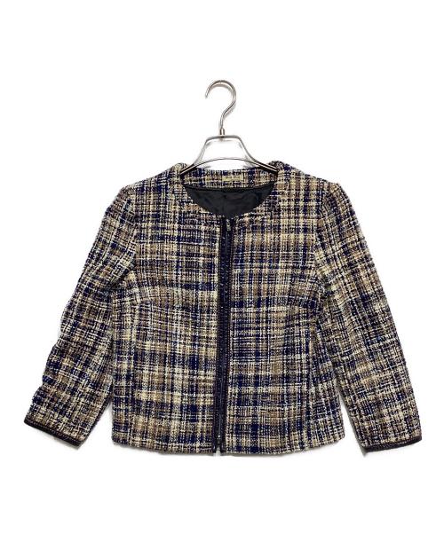 MIU MIU（ミュウミュウ）MIU MIU (ミュウミュウ) レザーパイピング ツイードジャケット ベージュ×ネイビー サイズ:38の古着・服飾アイテム