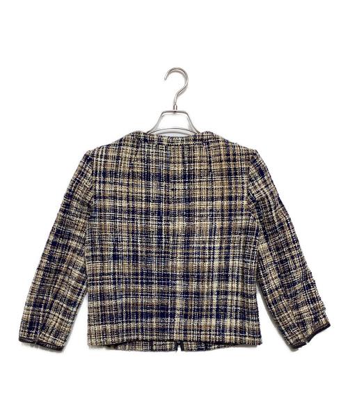 MIU MIU（ミュウミュウ）MIU MIU (ミュウミュウ) レザーパイピング ツイードジャケット ベージュ×ネイビー サイズ:38の古着・服飾アイテム