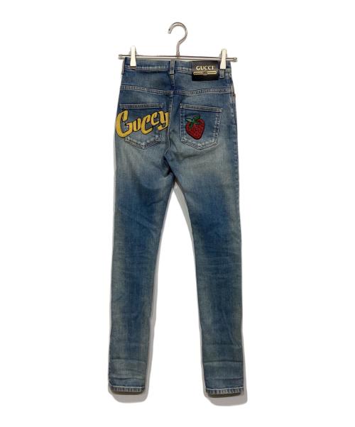 GUCCI（グッチ）GUCCI (グッチ) イチゴ刺繍 デニムパンツ スカイブルー サイズ:22（155/60Y)の古着・服飾アイテム