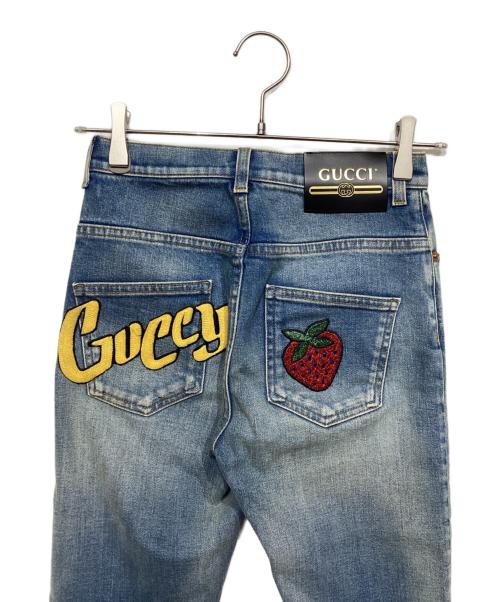 GUCCI（グッチ）GUCCI (グッチ) イチゴ刺繍 デニムパンツ スカイブルー サイズ:22（155/60Y)の古着・服飾アイテム