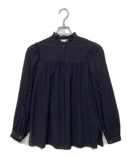 BALLSEY（ボールジィ）BALLSEY (ボールジィ) コットンガーゼエンブロイダリー フリルネックブラウス ブラック サイズ:36の古着・服飾アイテム