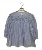 ANAYIアナイ）の古着「ラミーコットンレースギャザー ブラウス102417-13-330」｜スカイブルー