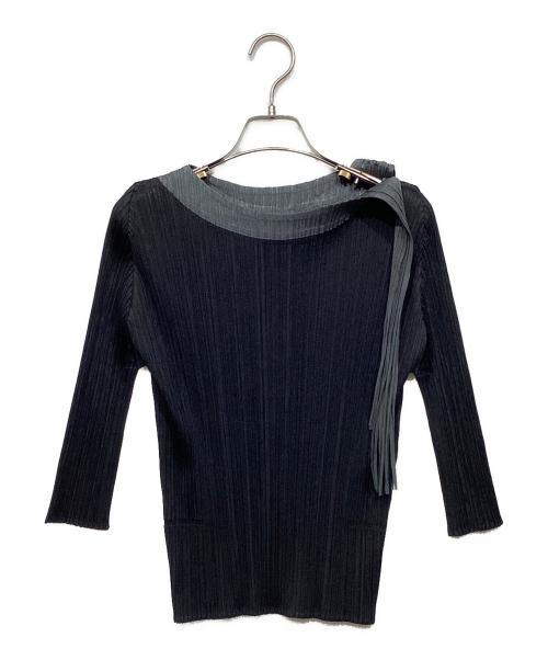 PLEATS PLEASE（プリーツプリーズ）PLEATS PLEASE (プリーツプリーズ) フリンジ リボンプリーツカットソー PP71-JK143 ブラック×グレー サイズ:Sの古着・服飾アイテム