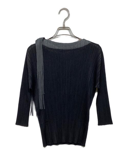 PLEATS PLEASE（プリーツプリーズ）PLEATS PLEASE (プリーツプリーズ) フリンジ リボンプリーツカットソー PP71-JK143 ブラック×グレー サイズ:Sの古着・服飾アイテム