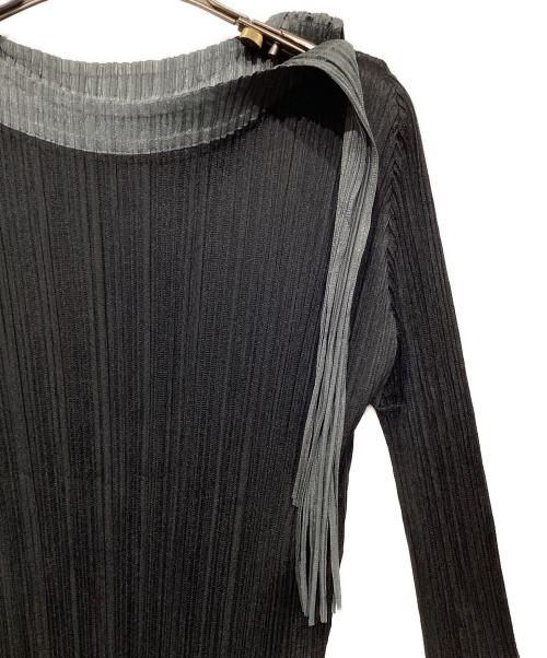 PLEATS PLEASE（プリーツプリーズ）PLEATS PLEASE (プリーツプリーズ) フリンジ リボンプリーツカットソー PP71-JK143 ブラック×グレー サイズ:Sの古着・服飾アイテム
