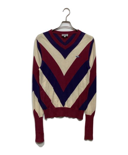 Vivienne Westwood man（ヴィヴィアン ウェストウッド マン）Vivienne Westwood man (ヴィヴィアン ウェストウッド マン) オーブ刺繍　Vネックニット レッド×パープル サイズ:44の古着・服飾アイテム
